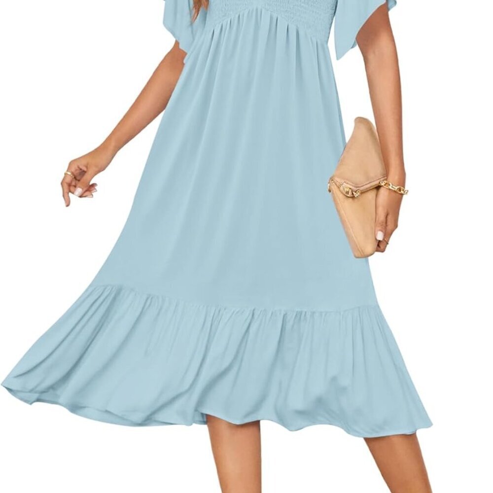 Women's Summer Empire Waist Dress Smocked Flutter Short Sleeve V Neck Midi Dress